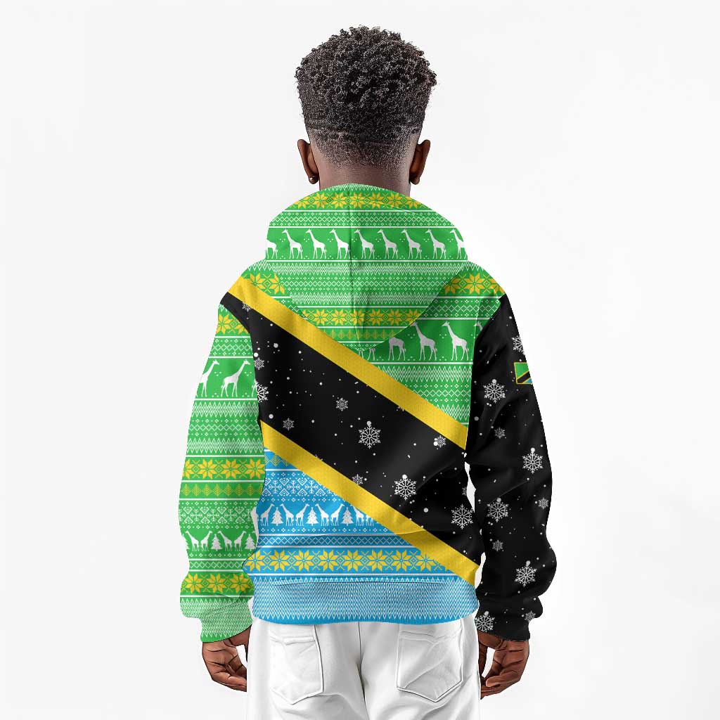 Tanzania Christmas Kid Hoodie Giraffe Christmas Tree Snowflakes and Flag - African Pride