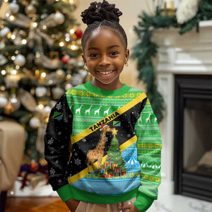 Tanzania Christmas Kid Ugly Christmas Sweater Giraffe Christmas Tree Snowflakes and Flag - African Pride