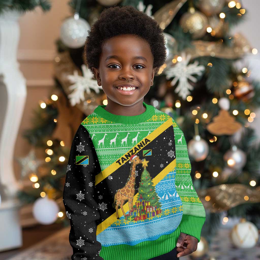 Tanzania Christmas Kid Ugly Christmas Sweater Giraffe Christmas Tree Snowflakes and Flag - African Pride