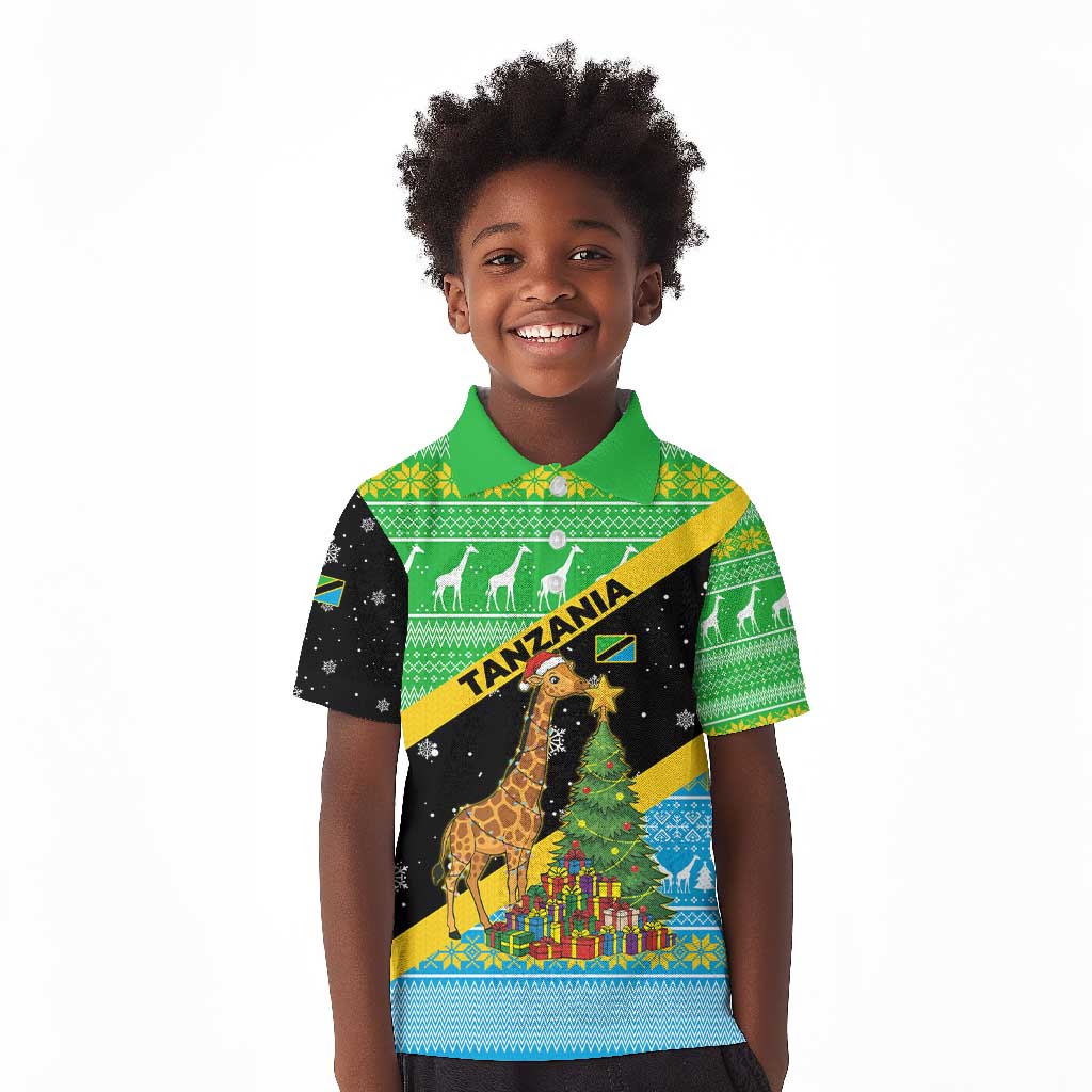 Tanzania Christmas Kid Polo Shirt Giraffe Christmas Tree Snowflakes and Flag - African Pride