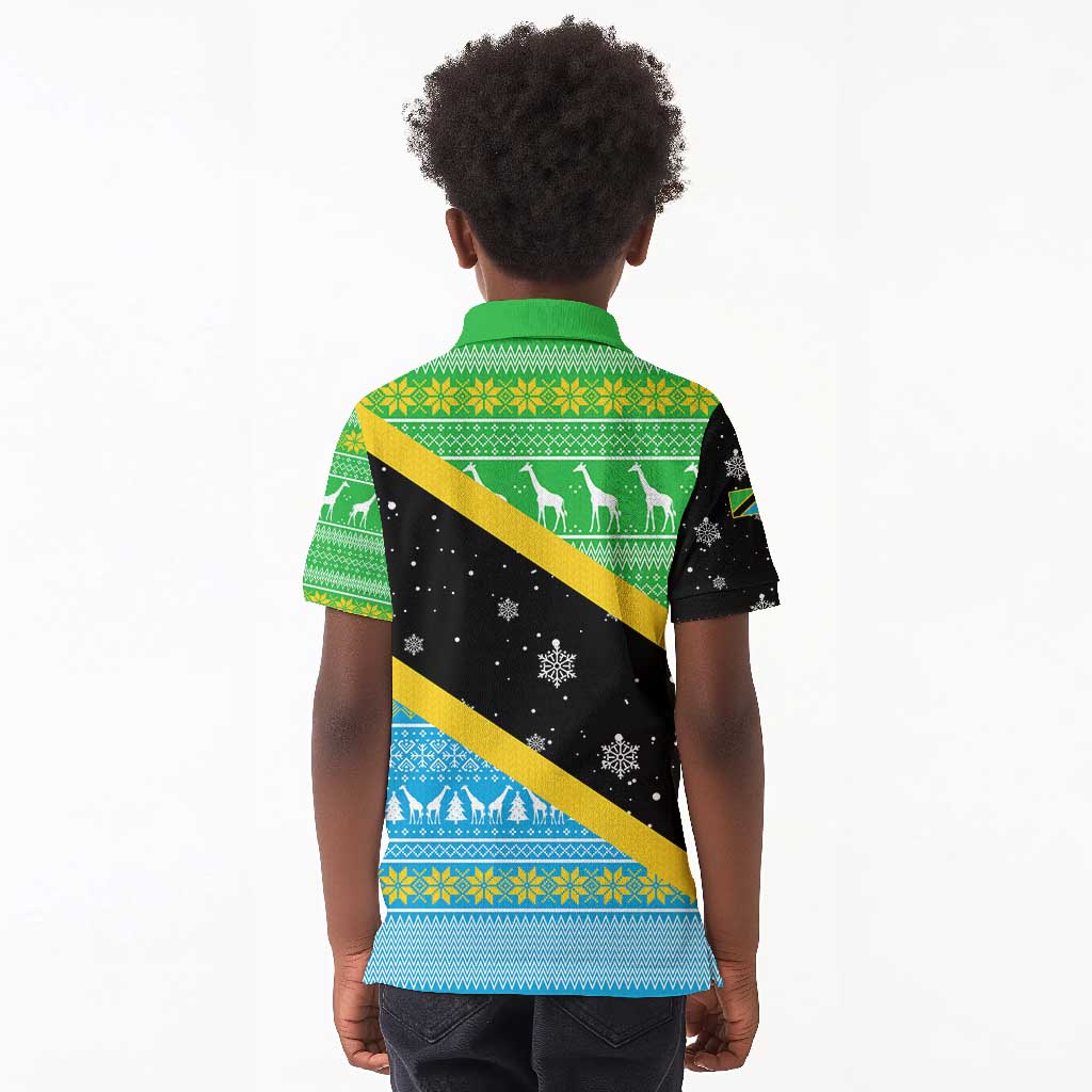 Tanzania Christmas Kid Polo Shirt Giraffe Christmas Tree Snowflakes and Flag - African Pride
