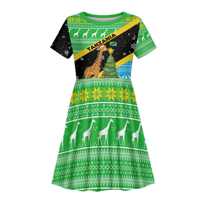 Tanzania Christmas Kid Short Sleeve Dress Giraffe Christmas Tree Snowflakes and Flag - African Pride