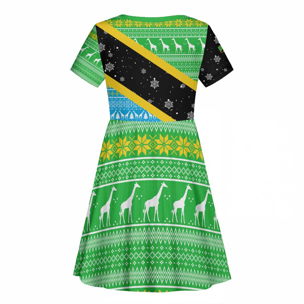 Tanzania Christmas Kid Short Sleeve Dress Giraffe Christmas Tree Snowflakes and Flag - African Pride