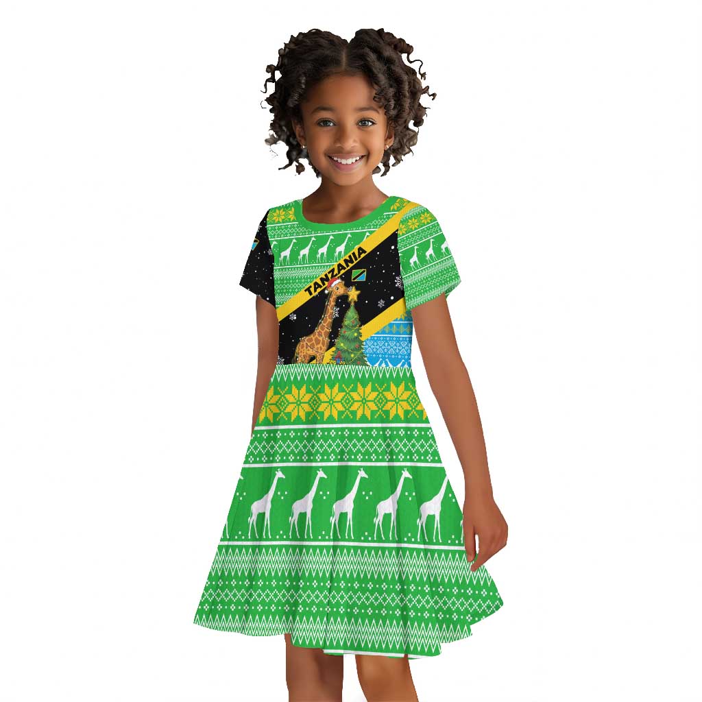 Tanzania Christmas Kid Short Sleeve Dress Giraffe Christmas Tree Snowflakes and Flag - African Pride
