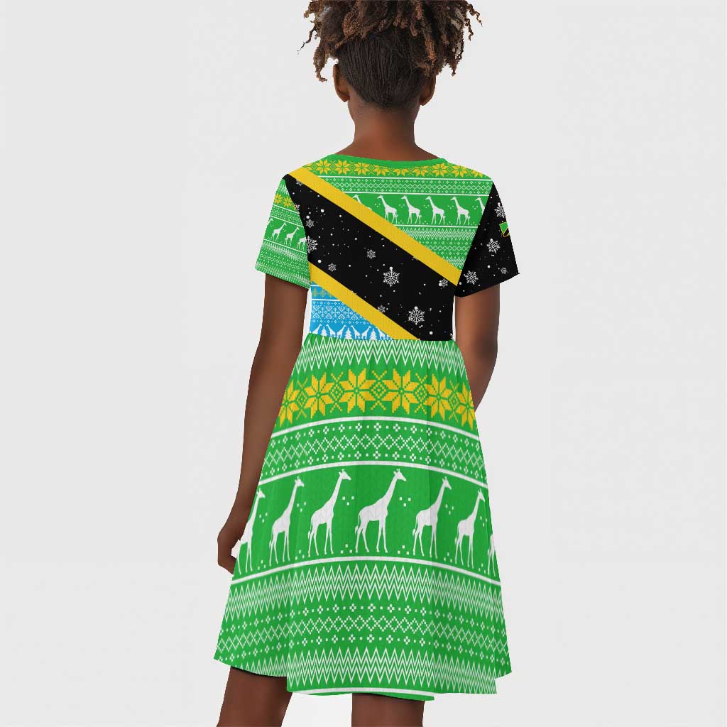 Tanzania Christmas Kid Short Sleeve Dress Giraffe Christmas Tree Snowflakes and Flag - African Pride
