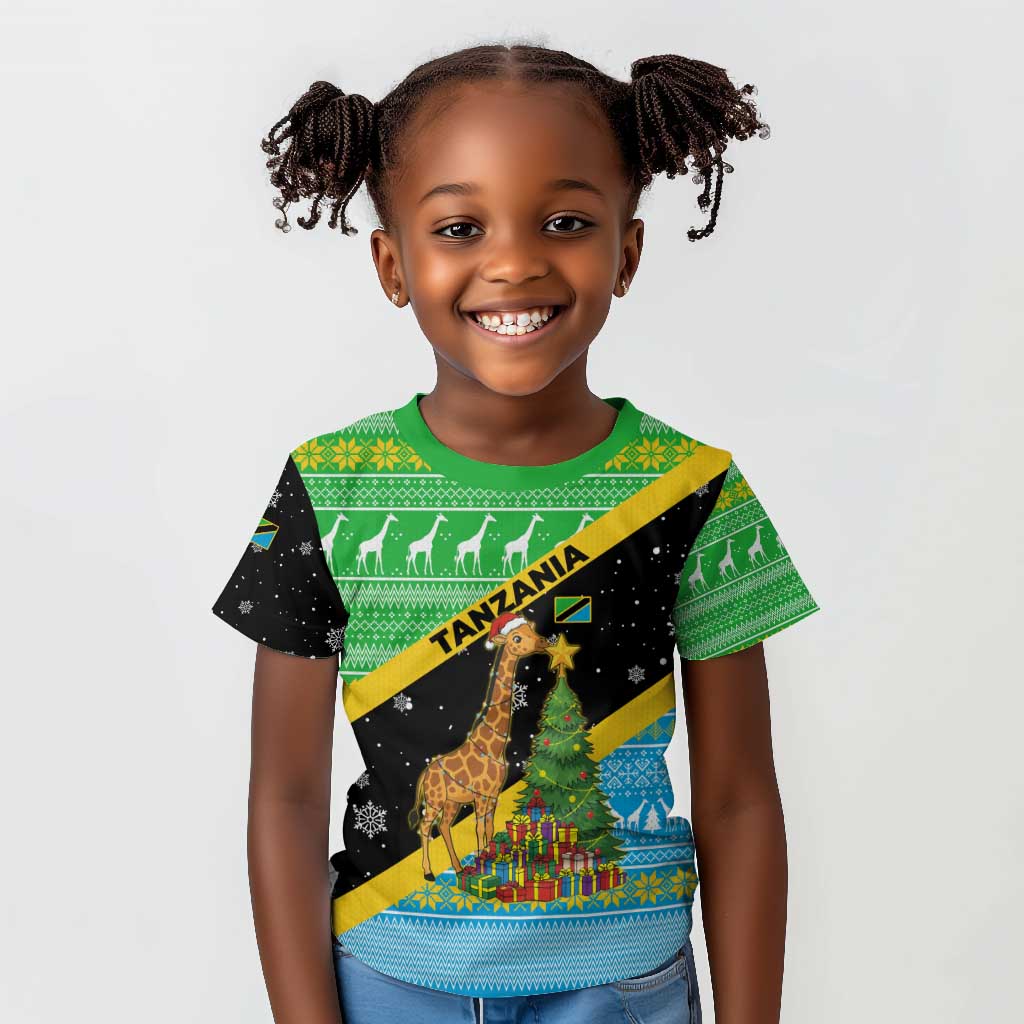 Tanzania Christmas Kid T shirt Giraffe Christmas Tree Snowflakes and Flag - African Pride