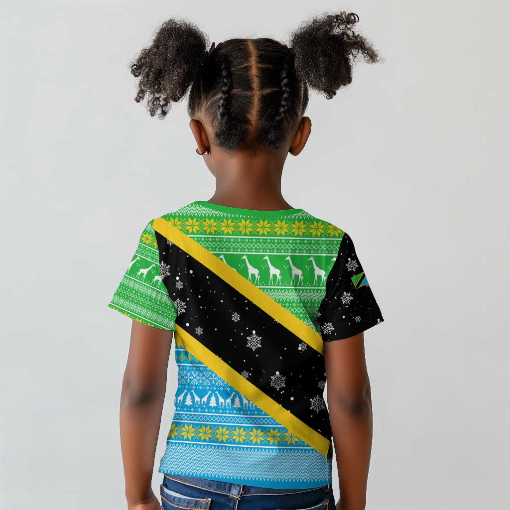 Tanzania Christmas Kid T shirt Giraffe Christmas Tree Snowflakes and Flag - African Pride