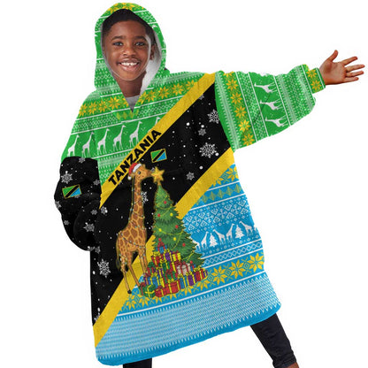 Tanzania Christmas Kid Wearable Blanket Hoodie Giraffe Christmas Tree Snowflakes and Flag - African Pride