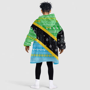 Tanzania Christmas Kid Wearable Blanket Hoodie Giraffe Christmas Tree Snowflakes and Flag - African Pride
