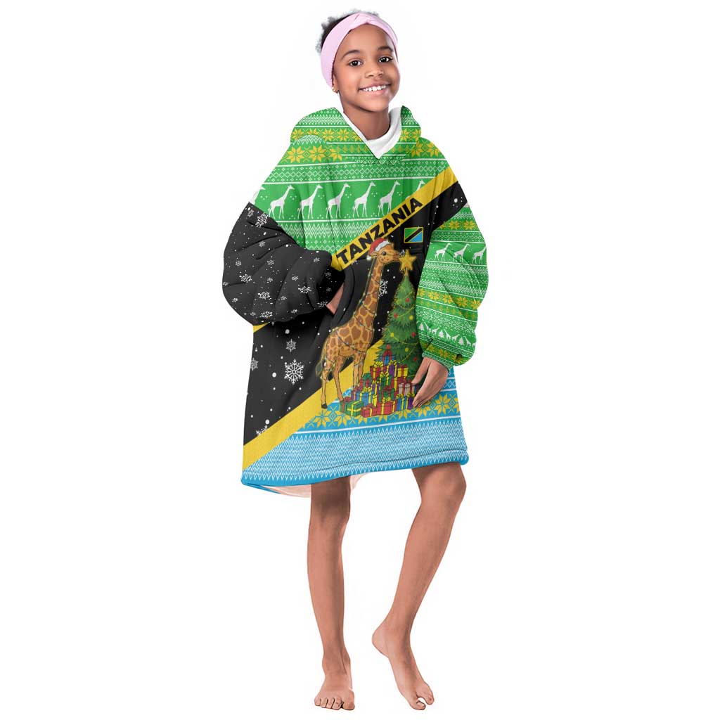 Tanzania Christmas Kid Wearable Blanket Hoodie Giraffe Christmas Tree Snowflakes and Flag - African Pride