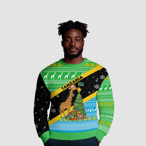 Tanzania Christmas Ugly Christmas Sweater Giraffe Christmas Tree Snowflakes and Flag - African Pride