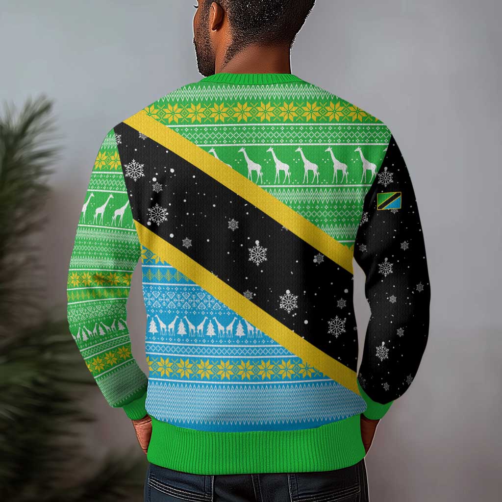 Tanzania Christmas Ugly Christmas Sweater Giraffe Christmas Tree Snowflakes and Flag - African Pride