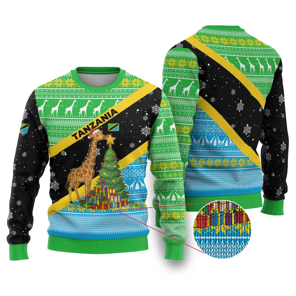 Tanzania Christmas Ugly Christmas Sweater Giraffe Christmas Tree Snowflakes and Flag - African Pride