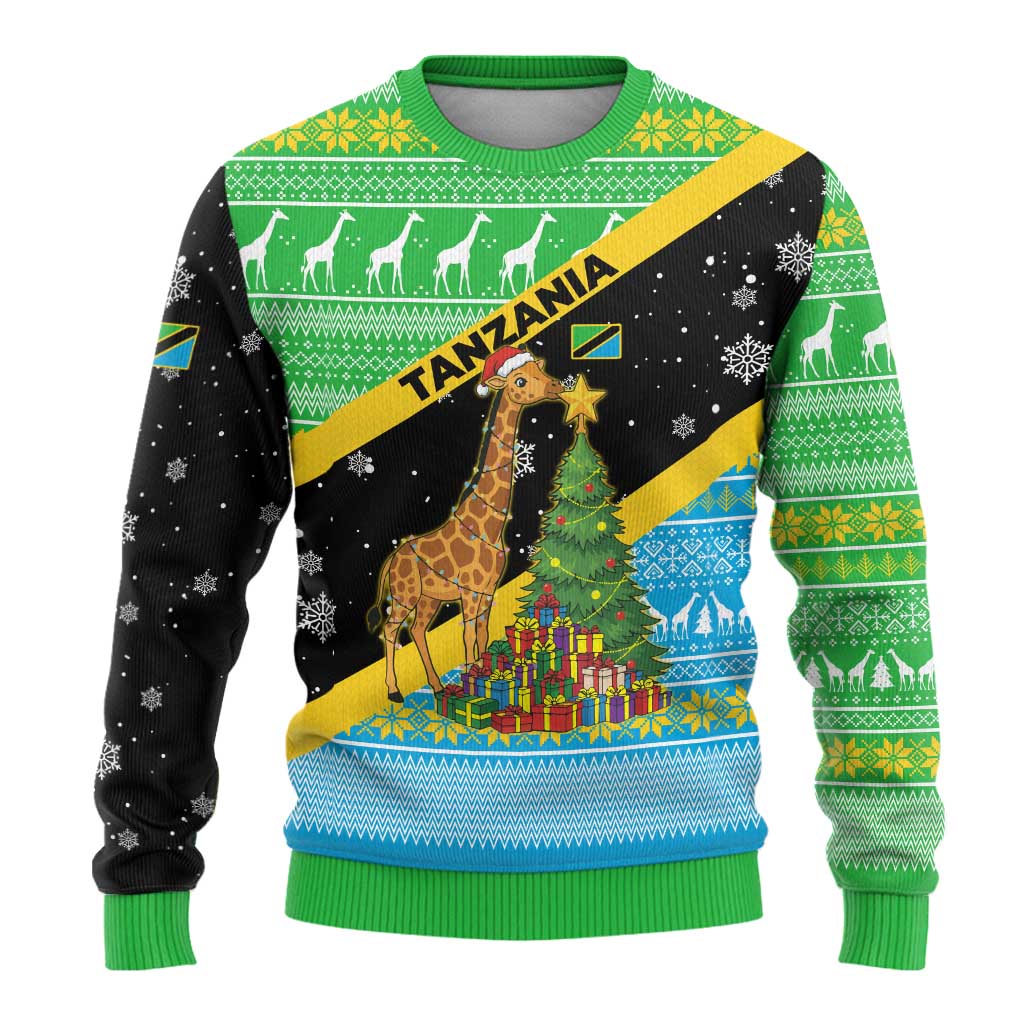 Tanzania Christmas Ugly Christmas Sweater Giraffe Christmas Tree Snowflakes and Flag - African Pride
