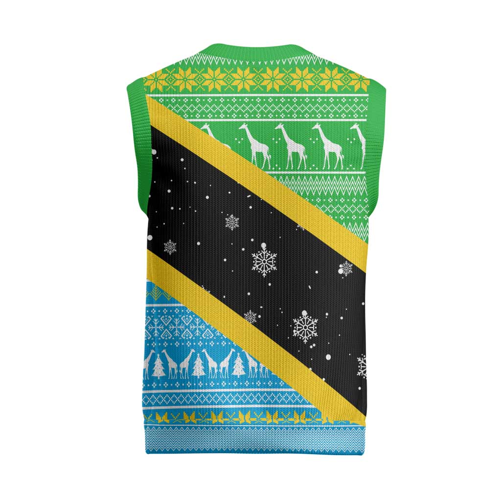 Tanzania Christmas Knitted V-Neck Vest Giraffe Christmas Tree Snowflakes and Flag - African Pride