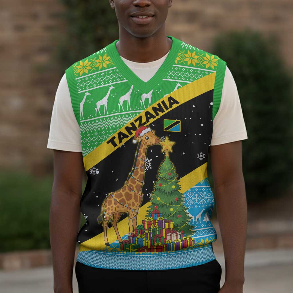 Tanzania Christmas Knitted V-Neck Vest Giraffe Christmas Tree Snowflakes and Flag - African Pride