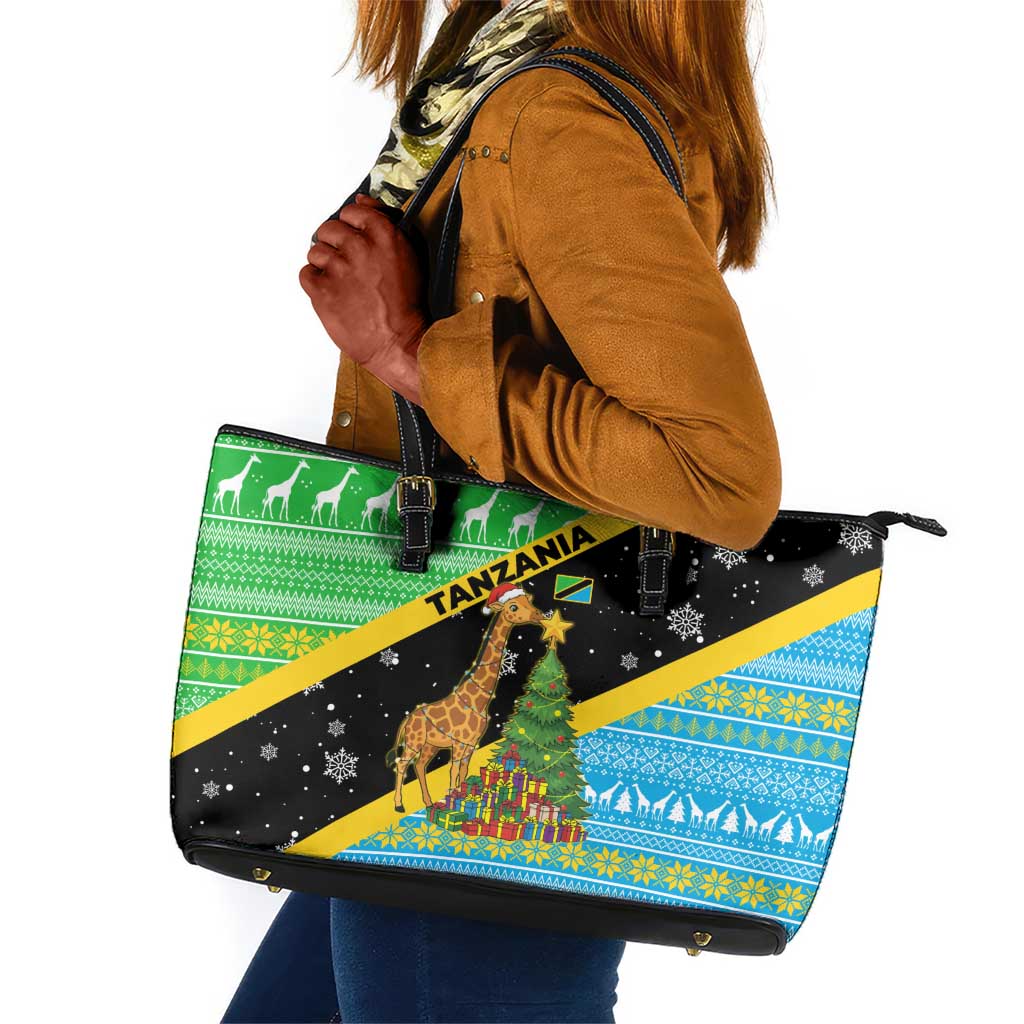 Tanzania Christmas Leather Tote Bag Giraffe Christmas Tree Snowflakes and Flag - African Pride