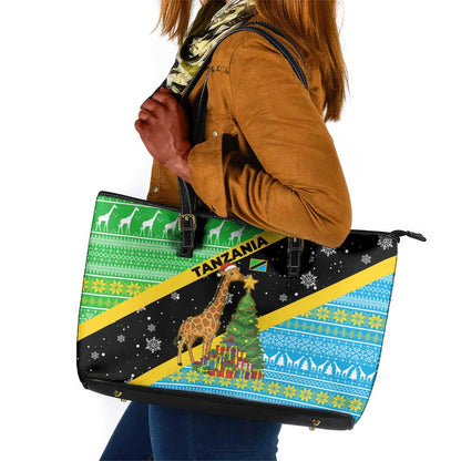 Tanzania Christmas Leather Tote Bag Giraffe Christmas Tree Snowflakes and Flag - African Pride