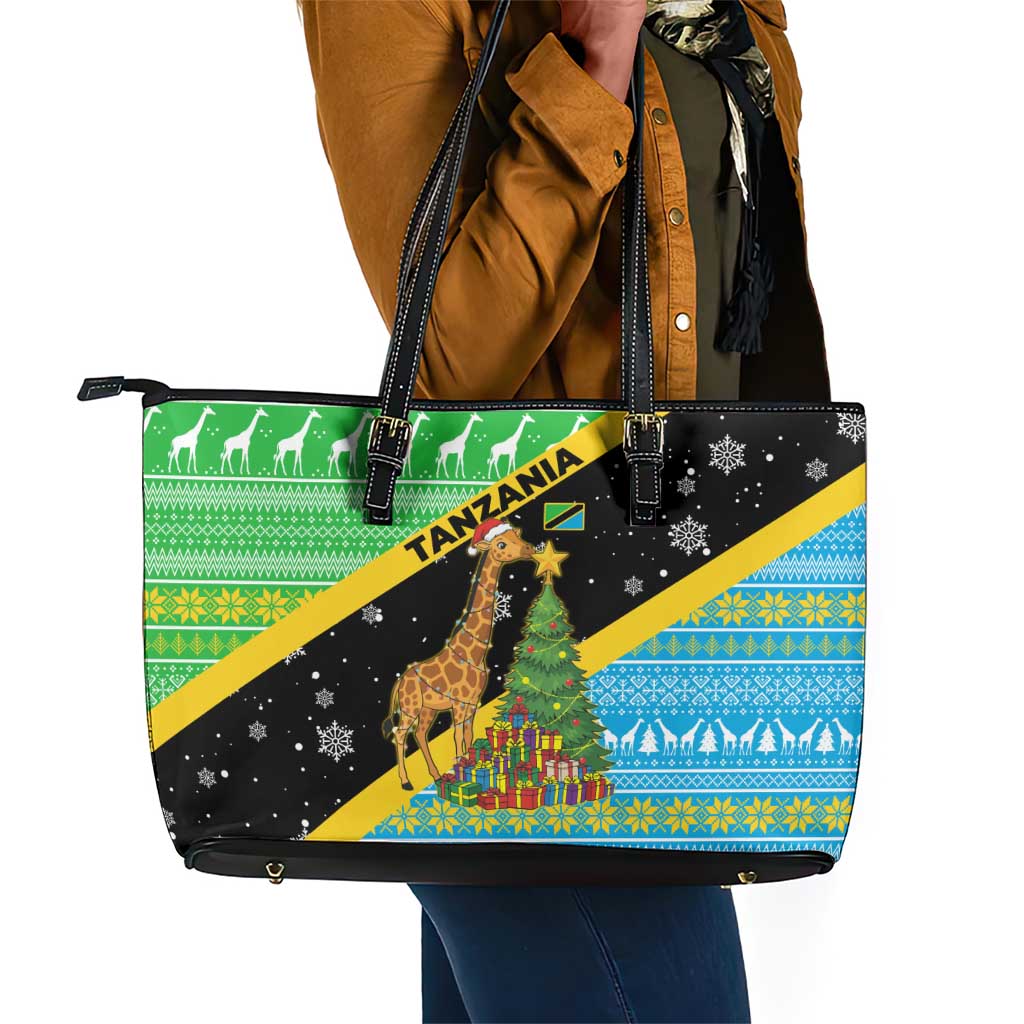 Tanzania Christmas Leather Tote Bag Giraffe Christmas Tree Snowflakes and Flag - African Pride