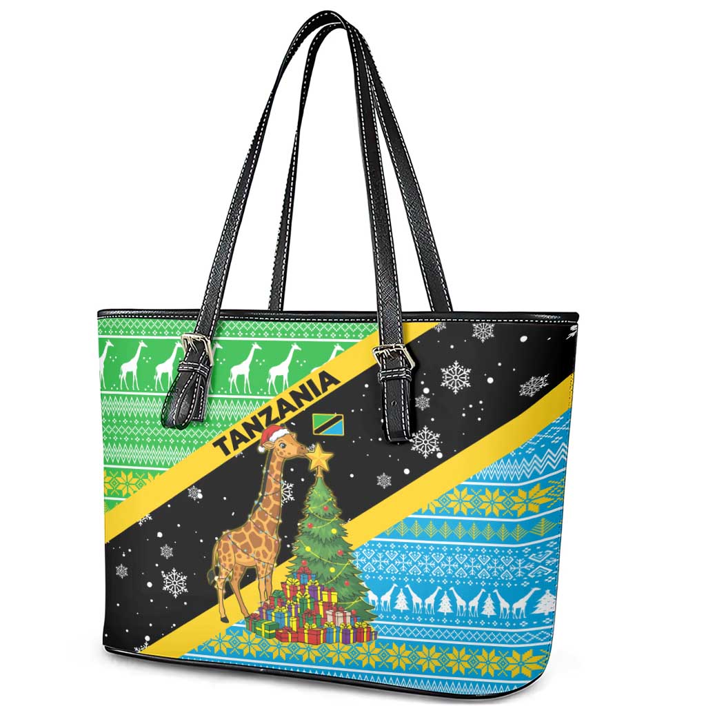 Tanzania Christmas Leather Tote Bag Giraffe Christmas Tree Snowflakes and Flag - African Pride