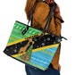 Tanzania Christmas Leather Tote Bag Giraffe Christmas Tree Snowflakes and Flag - African Pride