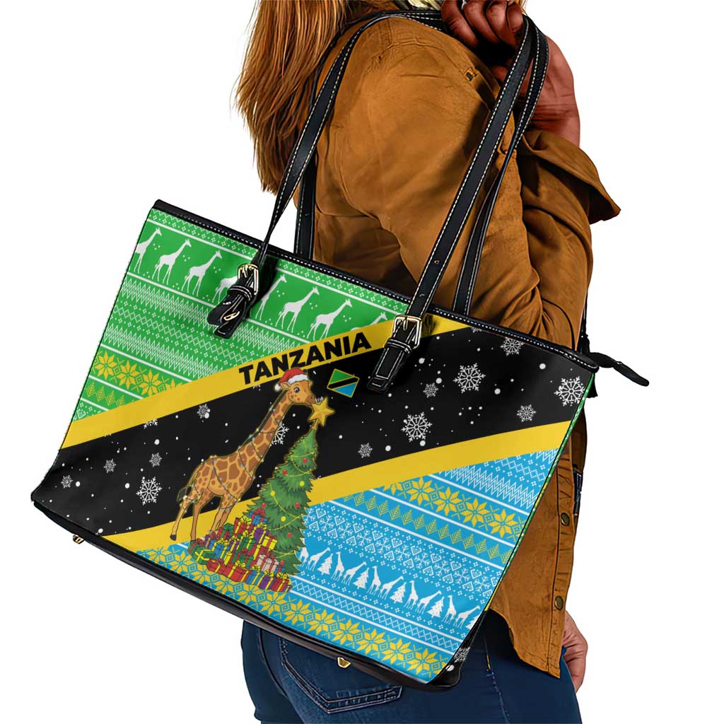 Tanzania Christmas Leather Tote Bag Giraffe Christmas Tree Snowflakes and Flag - African Pride