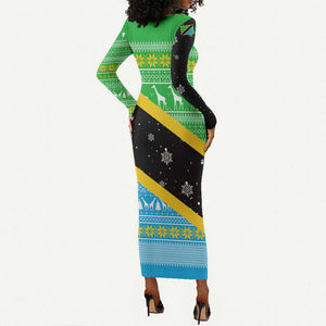 Tanzania Christmas Long Sleeve Bodycon Dress Giraffe Christmas Tree Snowflakes and Flag - African Pride