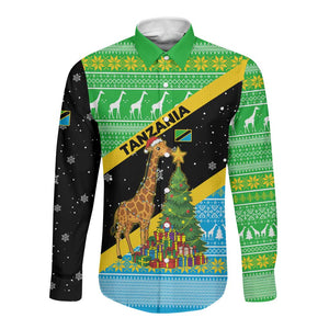 Tanzania Christmas Long Sleeve Button Shirt Giraffe Christmas Tree Snowflakes and Flag - African Pride