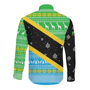 Tanzania Christmas Long Sleeve Button Shirt Giraffe Christmas Tree Snowflakes and Flag - African Pride