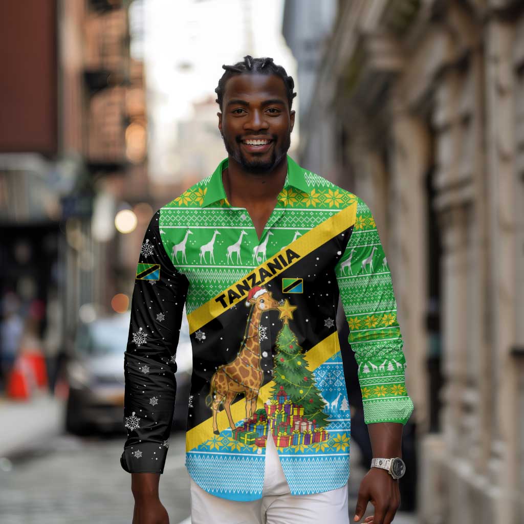 Tanzania Christmas Long Sleeve Button Shirt Giraffe Christmas Tree Snowflakes and Flag - African Pride