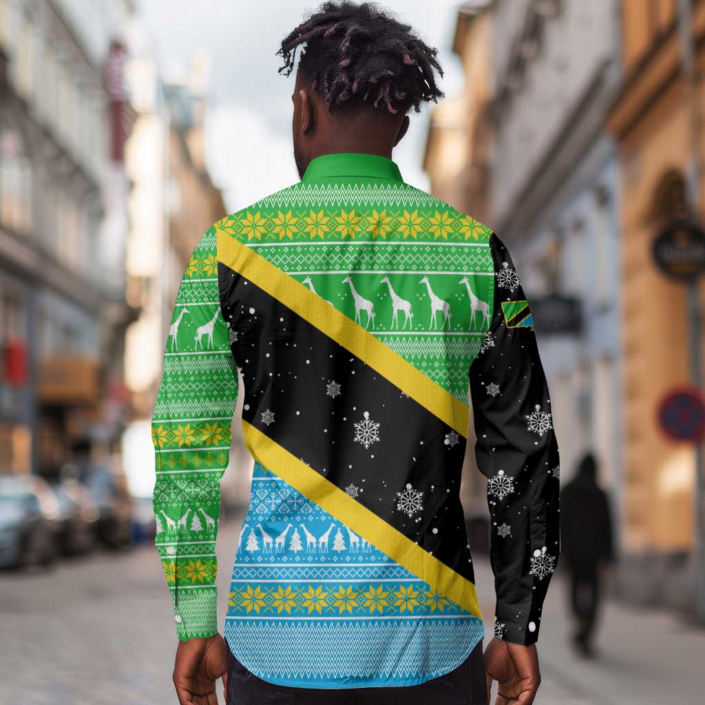 Tanzania Christmas Long Sleeve Button Shirt Giraffe Christmas Tree Snowflakes and Flag - African Pride