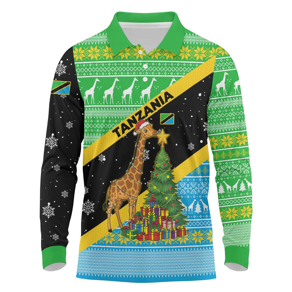 Tanzania Christmas Long Sleeve Polo Shirt Giraffe Christmas Tree Snowflakes and Flag - African Pride