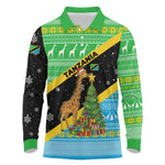 Tanzania Christmas Long Sleeve Polo Shirt Giraffe Christmas Tree Snowflakes and Flag - African Pride