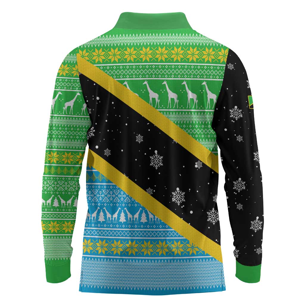 Tanzania Christmas Long Sleeve Polo Shirt Giraffe Christmas Tree Snowflakes and Flag - African Pride