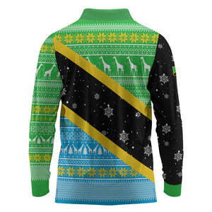 Tanzania Christmas Long Sleeve Polo Shirt Giraffe Christmas Tree Snowflakes and Flag - African Pride