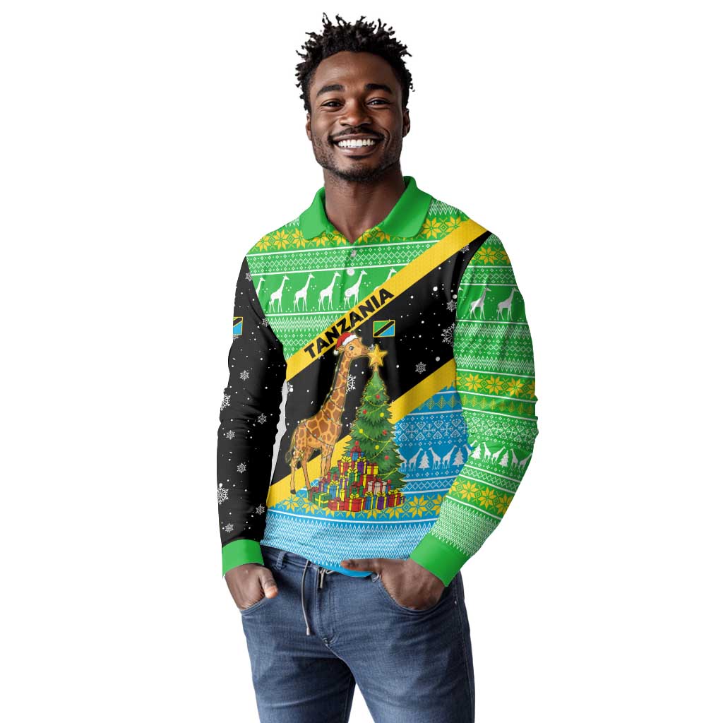 Tanzania Christmas Long Sleeve Polo Shirt Giraffe Christmas Tree Snowflakes and Flag - African Pride