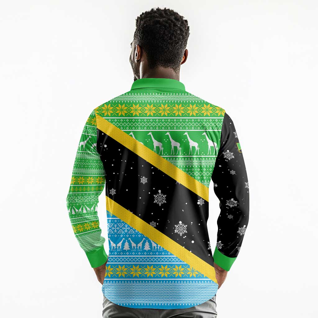 Tanzania Christmas Long Sleeve Polo Shirt Giraffe Christmas Tree Snowflakes and Flag - African Pride