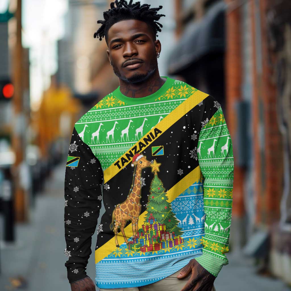 Tanzania Christmas Long Sleeve Shirt Giraffe Christmas Tree Snowflakes and Flag - African Pride