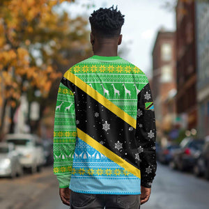 Tanzania Christmas Long Sleeve Shirt Giraffe Christmas Tree Snowflakes and Flag - African Pride