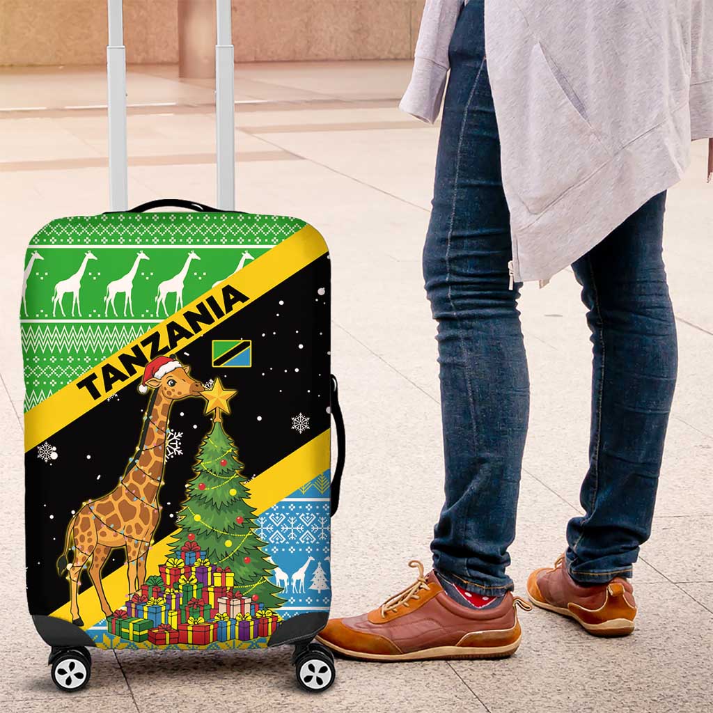 Tanzania Christmas Luggage Cover Giraffe Christmas Tree Snowflakes and Flag - African Pride