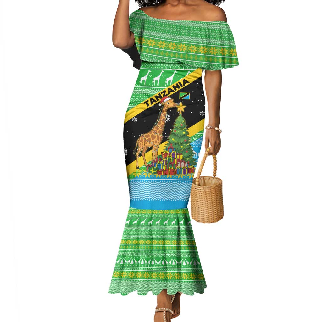 Tanzania Christmas Mermaid Dress Giraffe Christmas Tree Snowflakes and Flag - African Pride