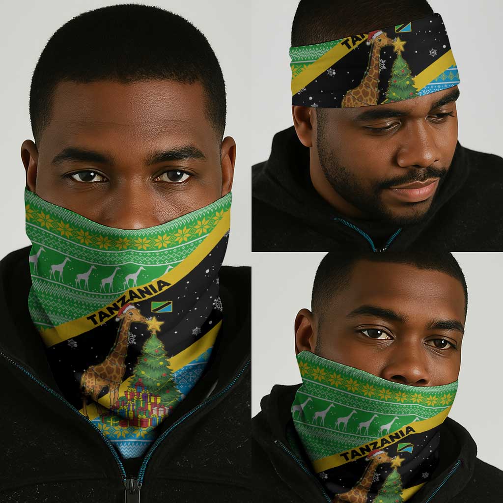Tanzania Christmas Neck Gaiter Giraffe Christmas Tree Snowflakes and Flag - African Pride