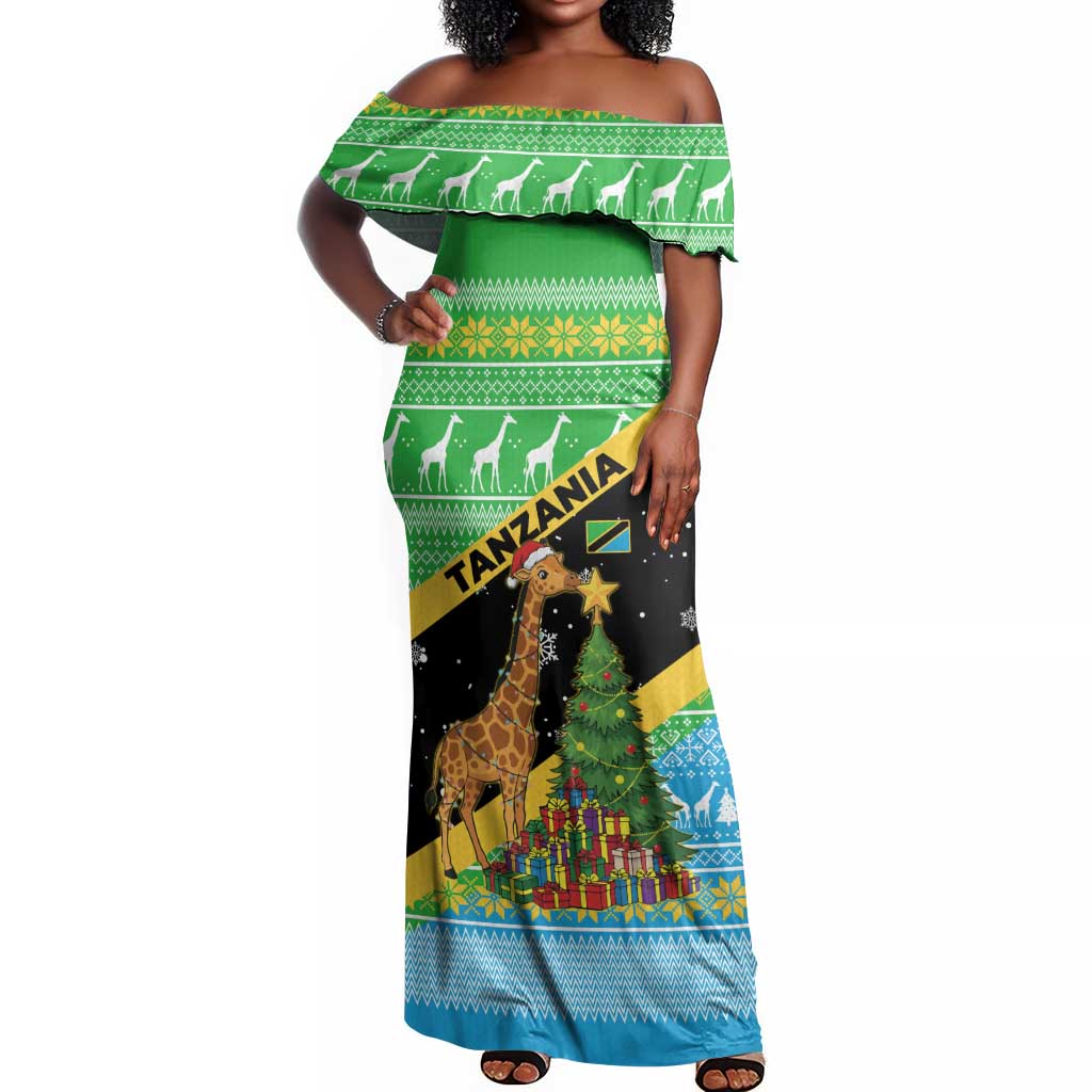 Tanzania Christmas Off Shoulder Maxi Dress Giraffe Christmas Tree Snowflakes and Flag - African Pride