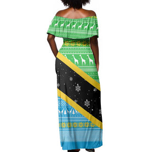 Tanzania Christmas Off Shoulder Maxi Dress Giraffe Christmas Tree Snowflakes and Flag - African Pride