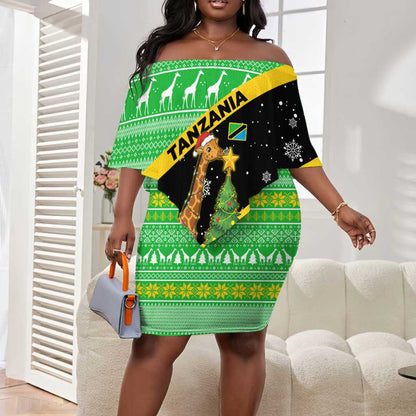 Tanzania Christmas Off Shoulder Short Dress Giraffe Christmas Tree Snowflakes and Flag - African Pride