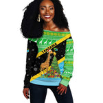 Tanzania Christmas Off Shoulder Sweater Giraffe Christmas Tree Snowflakes and Flag - African Pride