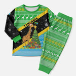Tanzania Christmas Pajama Set Giraffe Christmas Tree Snowflakes and Flag - African Pride
