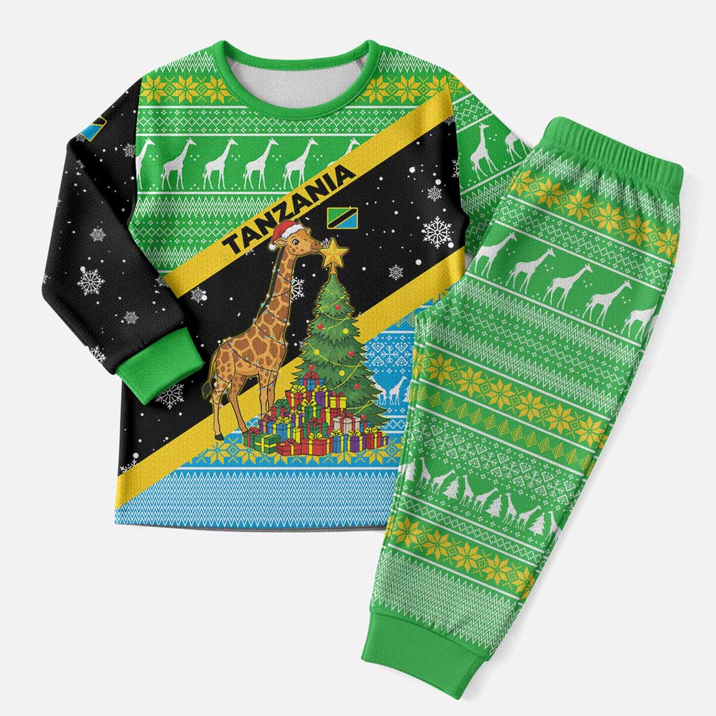 Tanzania Christmas Pajama Set Giraffe Christmas Tree Snowflakes and Flag - African Pride