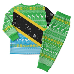 Tanzania Christmas Pajama Set Giraffe Christmas Tree Snowflakes and Flag - African Pride