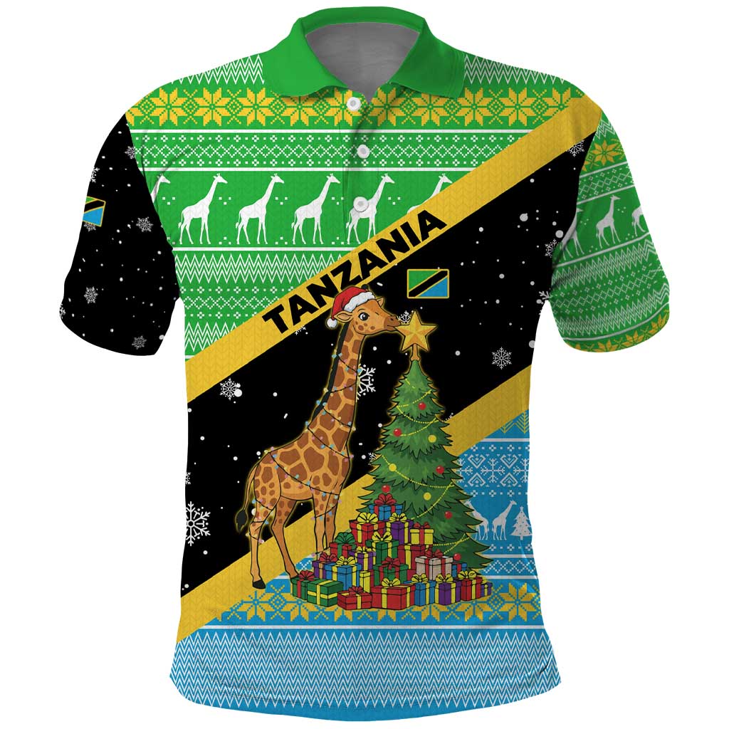 Tanzania Christmas Polo Shirt Giraffe Christmas Tree Snowflakes and Flag - African Pride